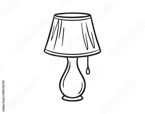 Table lamp with pull chain, clean line art sketch showing curving base and tapered shade, single pull chain detail, monochrome illustration ideal for home decor mockups, icon sets, product labels,