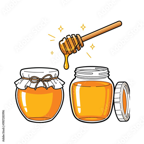 A delicious glass pot of organic honey and natural honeycomb with a wooden dipper spoon isolated on whiteA delicious glass pot of organic honey and natural honeycomb with a wooden dipper spoon isolate