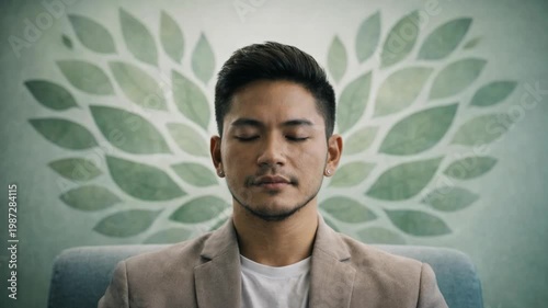 Man meditating with closed eyes in serene environment for mindfulness and relaxation