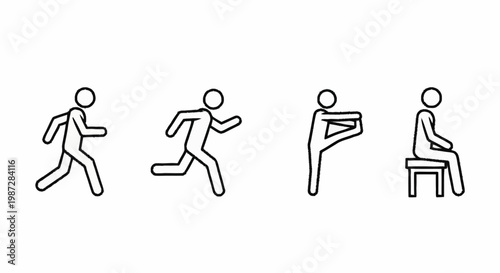 Stick Figure Exercise Icons - Walking, Running, Stretching, and Sitting.