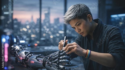 Person repairing robotic arm in futuristic workspace with advanced technology
