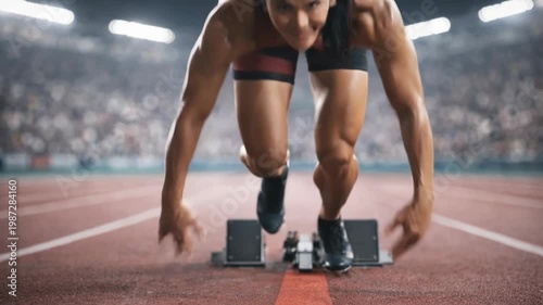 Female athlete preparing to sprint on track in stadium for competitive race
