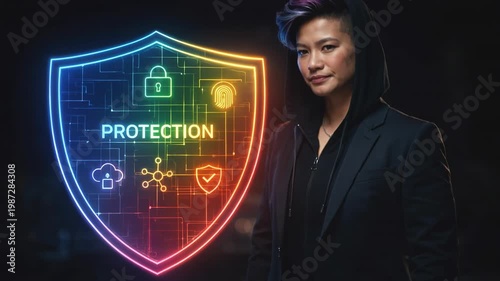 Woman in hoodie representing digital protection with cybersecurity icons