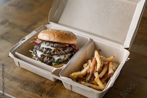 Gourmet Triple Cheeseburger and Seasoned Fries Takeout Meal