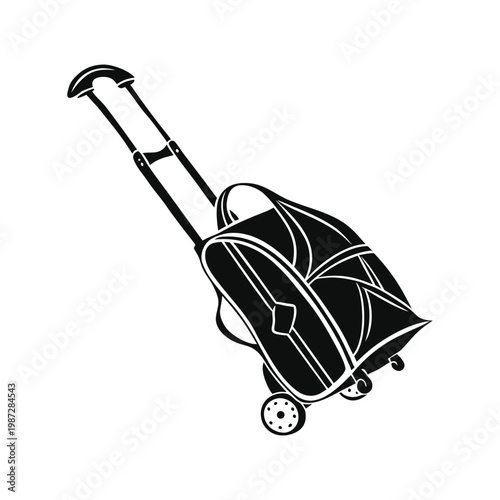 Black golf bag placed on a wheeled cart with handle isolated on a white background representing sports travel and golf equipment transport