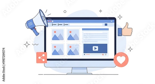 A computer screen displays a webpage with various images and a video player surrounded by a megaphone, thumbs up, and social media icons in a digital environment.
