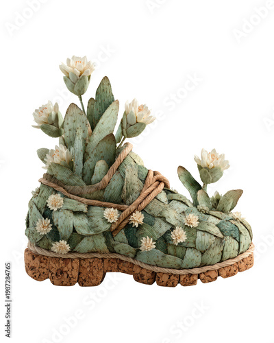 Whimsical Boot Surrounded by Lush Greenery and Delicate Flowers