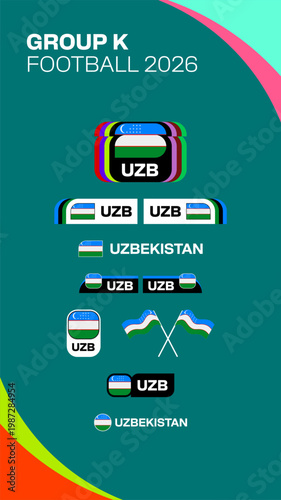 Uzbekistan Football Team Flag Badges for Group K Tournament 2026 Identity Kit, Modern Sporty Design Football 2026 flag vector set