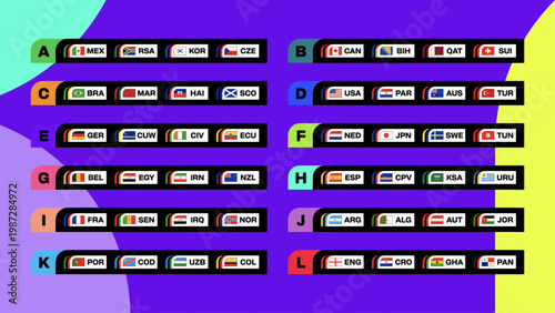 Vector Set of Football 2026 Tournament Groups and National Teams Flags for Sports Qualification Announcement Graphic