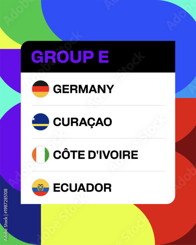 Group E Football 2026 Teams Announcement with Diverse Country Flags for Stylized International Tournament Qualification Event.