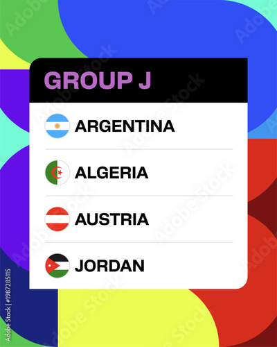 Group J football teams with country flags representing nations competing in the vibrant 2026 soccer tournament.