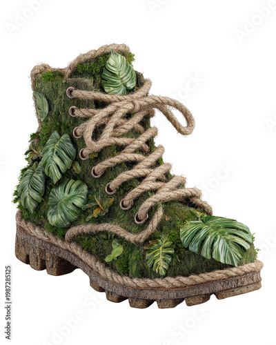 Unique Hiking Boot Design Adorned with Greenery and Natural Elements