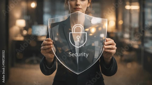 Businesswoman holding security shield in modern office for cybersecurity awareness
