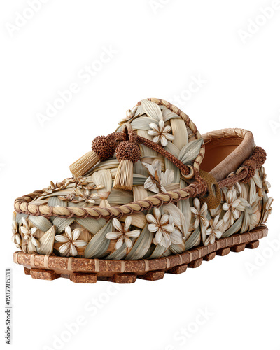 Handcrafted Decorative Shoe with Floral Design and Natural Materials