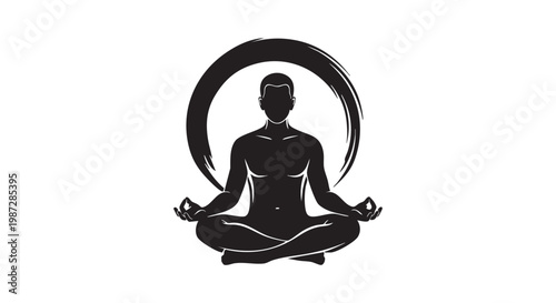 Meditation silhouette of man in lotus pose with zen circle background for yoga wellness spiritual peace and mindfulness.