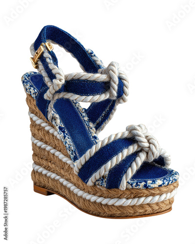 Stylish Blue Wedge Sandal with Rope Detailing and Strappy Design