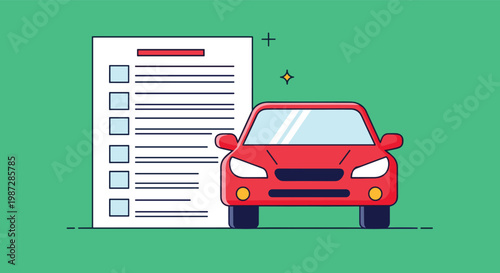Car service maintenance and mechanical checkup are illustrated with a comprehensive list of tasks beside a red vehicle on green.