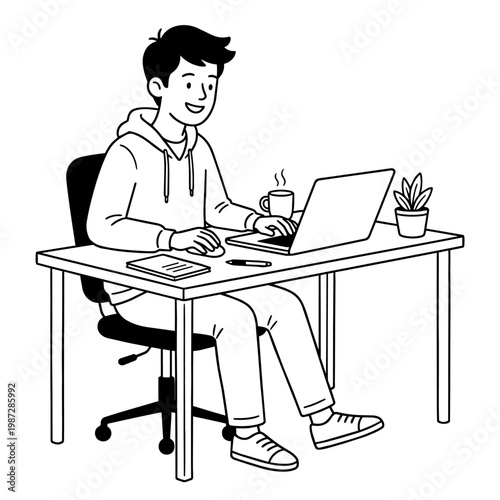 6-1_PCを前に微笑む若い男性