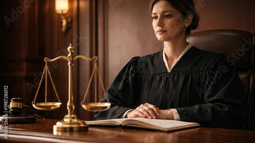 Female judge presiding over courtroom with scales of justice and legal documents