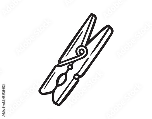 Wooden clothespin line art closeup, handdrawn outline with visible spring detail, classic laundry peg evokes sustainable lifestyle and DIY craft uses, rustic texture for home care and eco living
