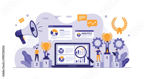 Marketing analytics and business competition success are shown with people on podiums near charts, megaphones, and award symbols.