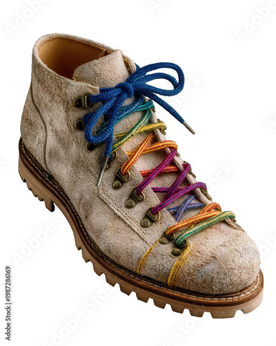 Vibrant Colorful Laces on Single Hiking Boot in Studio Environment