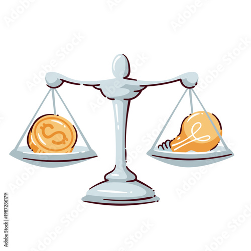 Risk reward scale with coin and lightbulb on hanging trays, business decision and investment choice symbol. Finance strategy with risk reward balance, vector illustration.