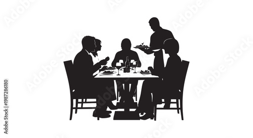 People dining at a restaurant table with a waiter serving food, illustrating a fine dining experience.