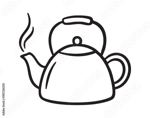 Steam kettle whistling. Rustic stovetop vessel releasing aromatic steam during morning hours. Domestic kitchen scene featuring whistling metal kettle with arching steam for breakfast preparation