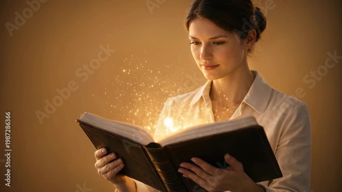 Woman reading a book with magical sparkles in a warm atmosphere for inspiration