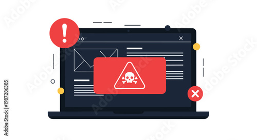 Cybersecurity warning on a laptop screen shows a skull icon over an email to represent phishing attacks and malicious software threats.