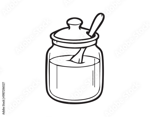 Sugar jar with spoon symbolizes sweetness simple line art jar of granulated sugar with lid and scoop, pantry ingredient for baking and dessert preparation, rustic condiment for cafe or home kitchen,