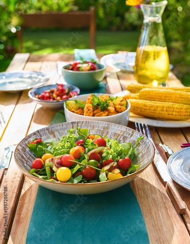 Outdoor dining table featuring fresh summer salads and healthy food
