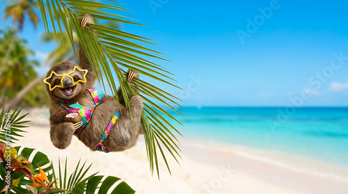 Happy sloth in star sunglasses and bikini hanging on palm leaf at tropical beach with copy space for summer sale