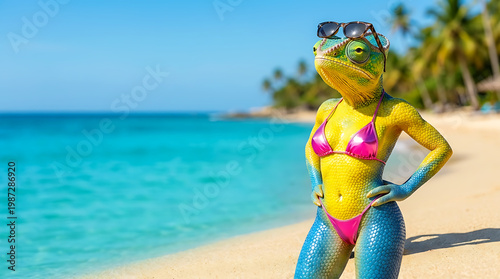 Funny Anthropomorphic Chameleon in Pink Bikini and Sunglasses Posing on Tropical Beach with Copy Space for Summer Advertising Banner