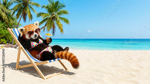 Funny red panda in floral bikini and sunglasses relaxing on beach chair with cocktail and copy space