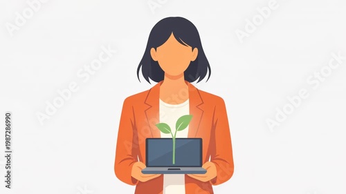 Woman holding laptop with plant symbolizing sustainability and technology
