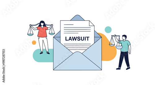 Lawsuit and legal process illustration with a large envelope containing a document and people holding scales of justice.