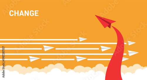 Business change and leadership concept showing a red paper plane flying upward away from white planes moving in a straight line.