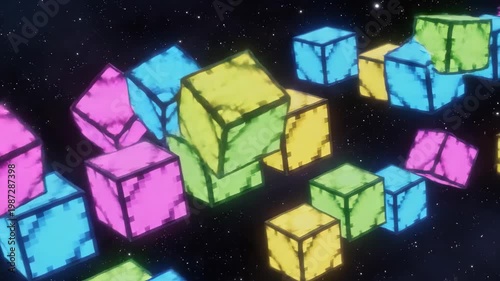 Abstract Cubes Floating in Space Animation | Colorful Pixelated Block Formation Motion Graphics