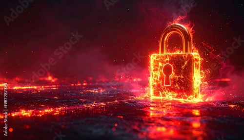 Fiery Digital Lock Symbolizes Online Security and Cyber Protection