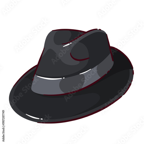 Mafia hat with black fedora shape, wide brim and dark ribbon, cartoon token. Detective clue and tabletop role play with mafia hat, vector illustration.