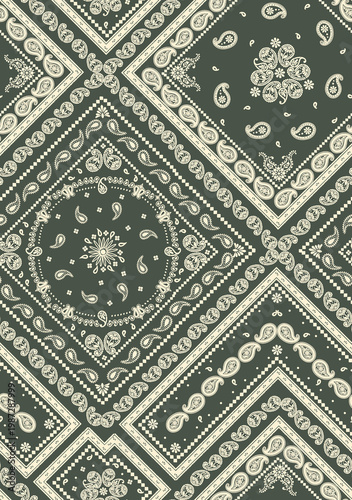 Green bandana pattern with paisley and geometric motifs in a repeating tile design