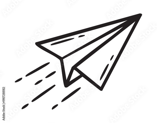 Paper airplane soaring with motion trails, crisp black outline evoking message sending and creative launch, origami flight silhouette for startup and stationery concepts, playful lightweight symbol