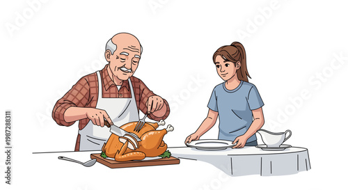 Elderly man carving roasted turkey with young woman