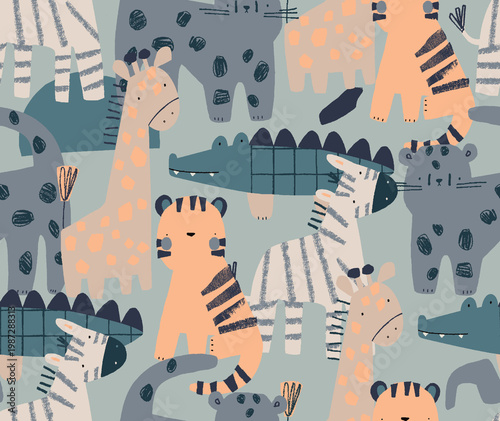 Whimsical Safari Animals Pattern in Soft Pastel Colors for Children's Designs