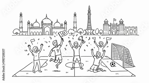 Pakistan Football Team Celebrates Victory with Landmark Skyline