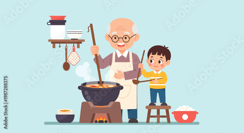 Happy old man and boy cooking together in kitchen