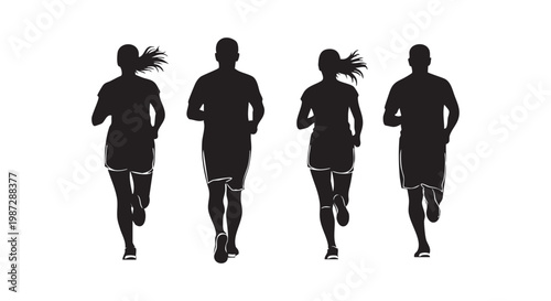 Running people silhouettes from back view featuring men and women jogging for fitness and health lifestyle illustrations.