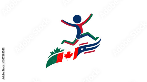 Abstract Athlete Jumping Above Canadian and American Symbols